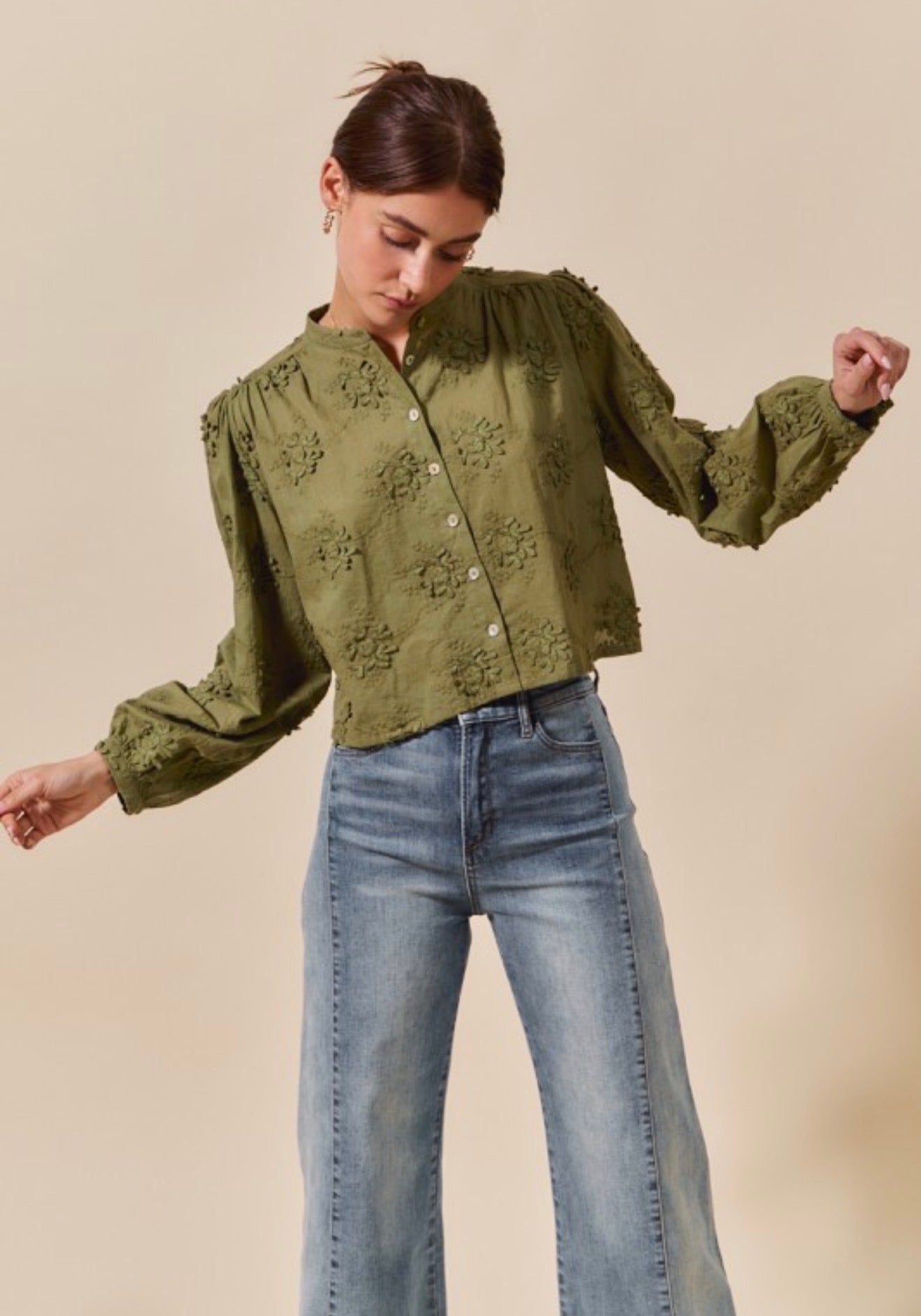 Olive Petal Texture Blouse