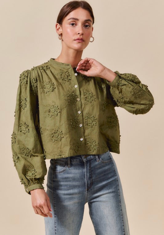 Olive Petal Texture Blouse