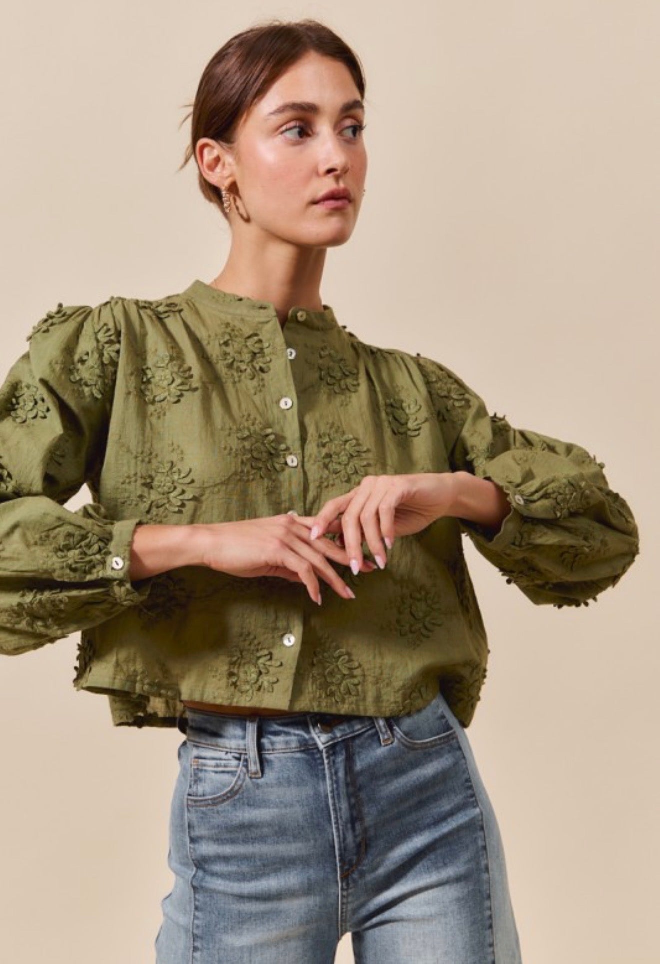 Olive Petal Texture Blouse