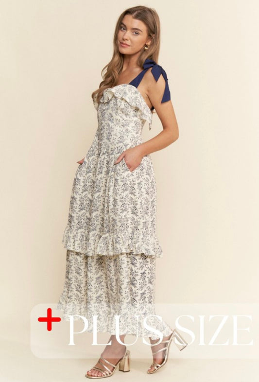 Indigo Ruffle Ribbon Strap Maxi Dress